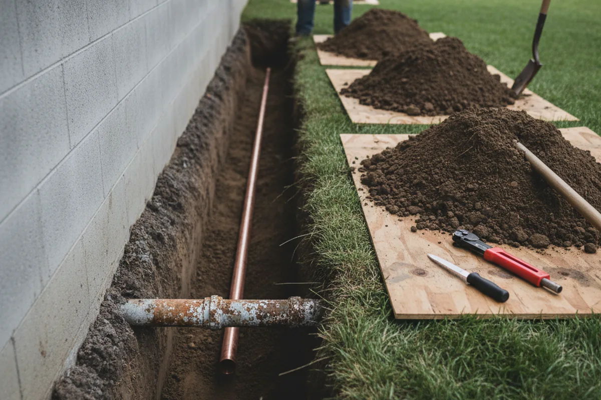 Excavated water line trench during Sewer Line Repair in Pawleys Island